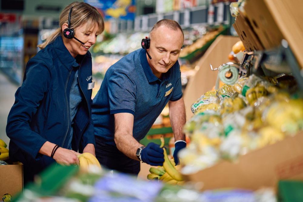 Lidl staff and fruit and veg